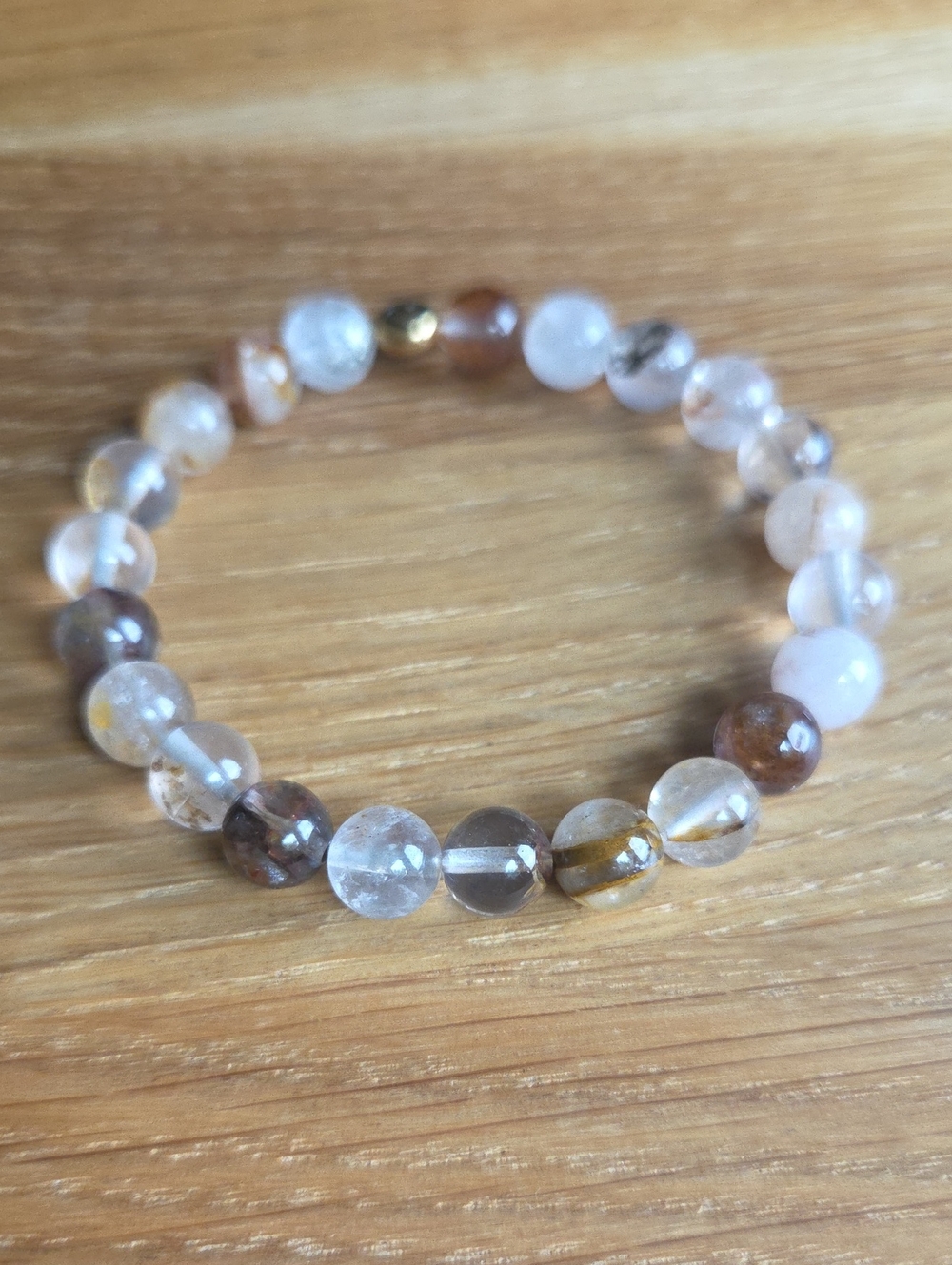 Gold Red Rutilated Quartz Beaded Stretch Bracelet | Handmade - Picture 3 of 9
